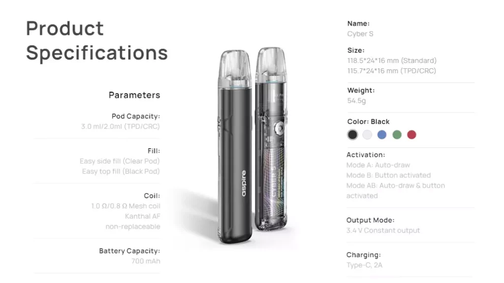 Aspire Cyber S Pod System Product Specifications
