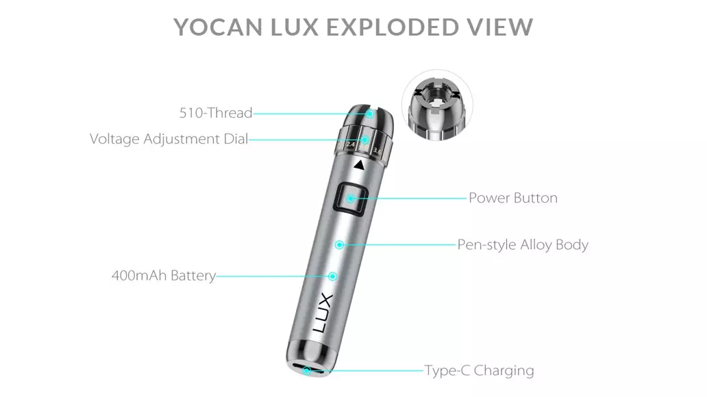 Yocan Lux 510 Threaded Vape Pen Battery (400mAh) - Black Note