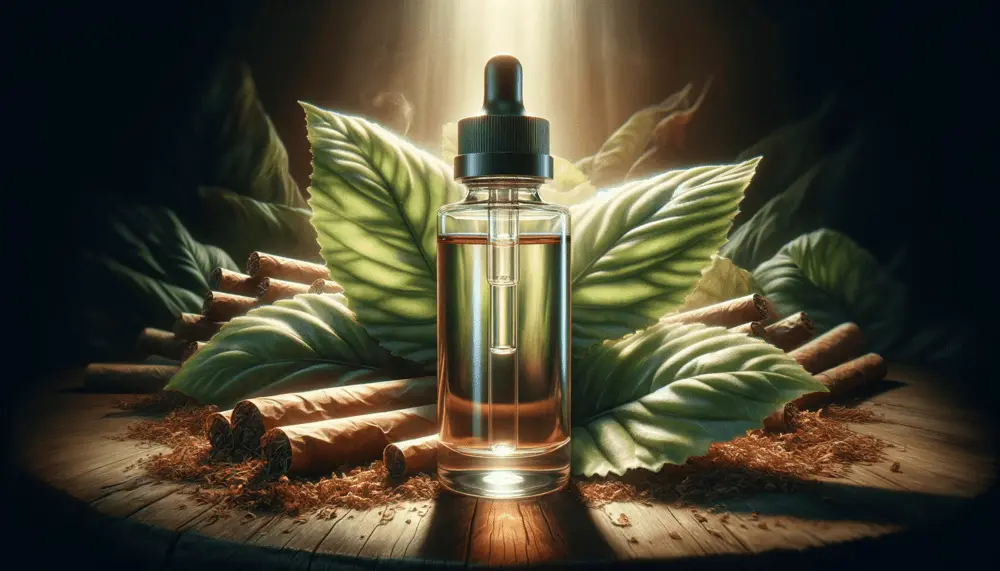 A bottle of vape juice displayed prominently against a background of tobacco leaves