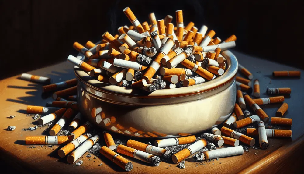 A crowded ashtray on a surface, overflowing with cigarette butts