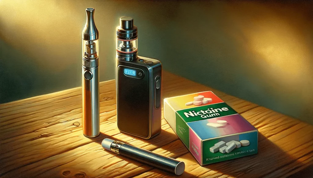 A depiction of an e-cigarette and a pack of cigarettes, showcasing two different options for smoking
