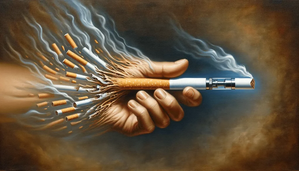 A hand holding a cigarette emitting smoke, symbolizing the act of smoking and its associated health risks.