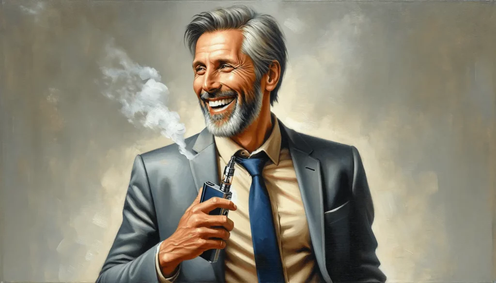 A happy, healthy, middle-aged adult smoker with a vaping device, dressed in business casual attire.