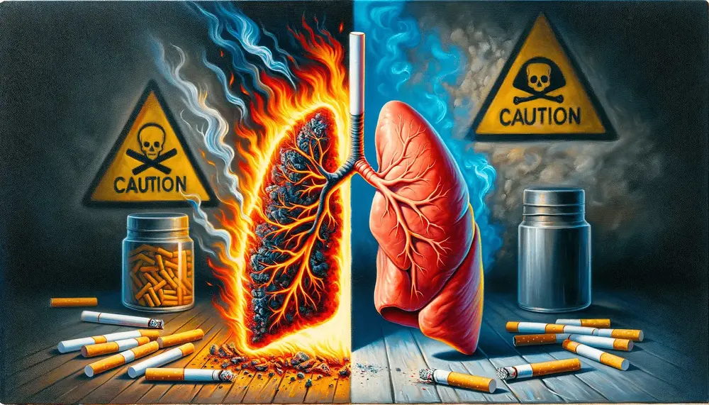 A lung half damaged with a burning cigarette on one side and an unsmoked cigarette on the other