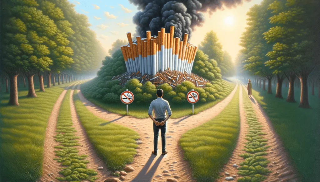 A man standing in front of a pile of cigarettes, representing addiction and health risks
