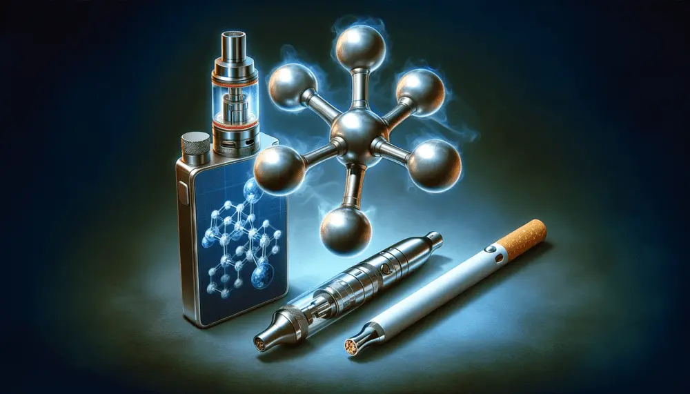 A nicotine molecule positioned between a vape device and heated tobacco device