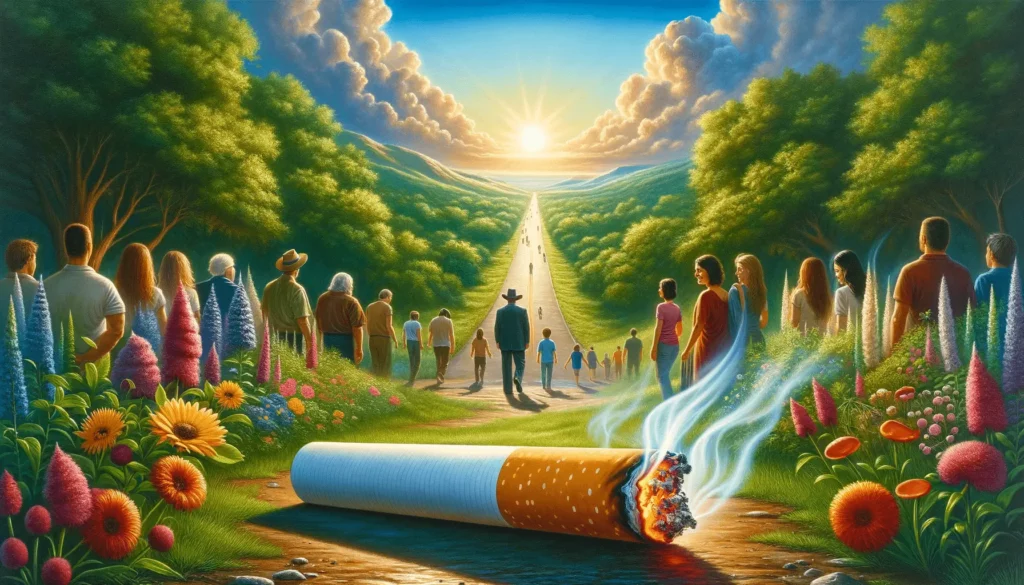 A painting of a cigarette with people in the background