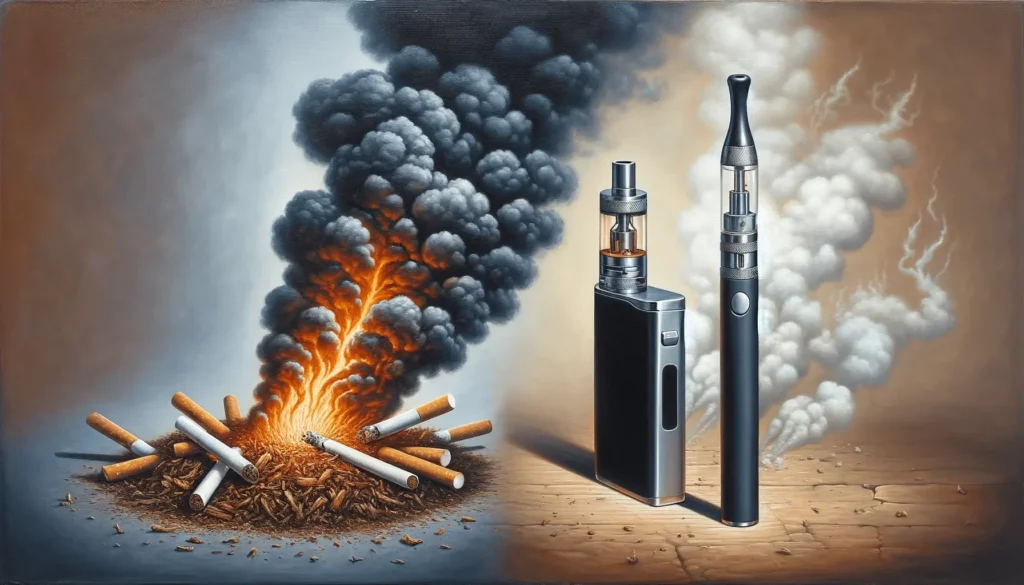 A painting of an e-cigarette emitting smoke, showcasing modern technology and its impact on society.