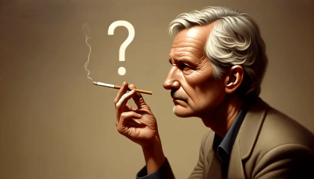 A person in their 50s holding a traditional cigarette, with a question mark above their head