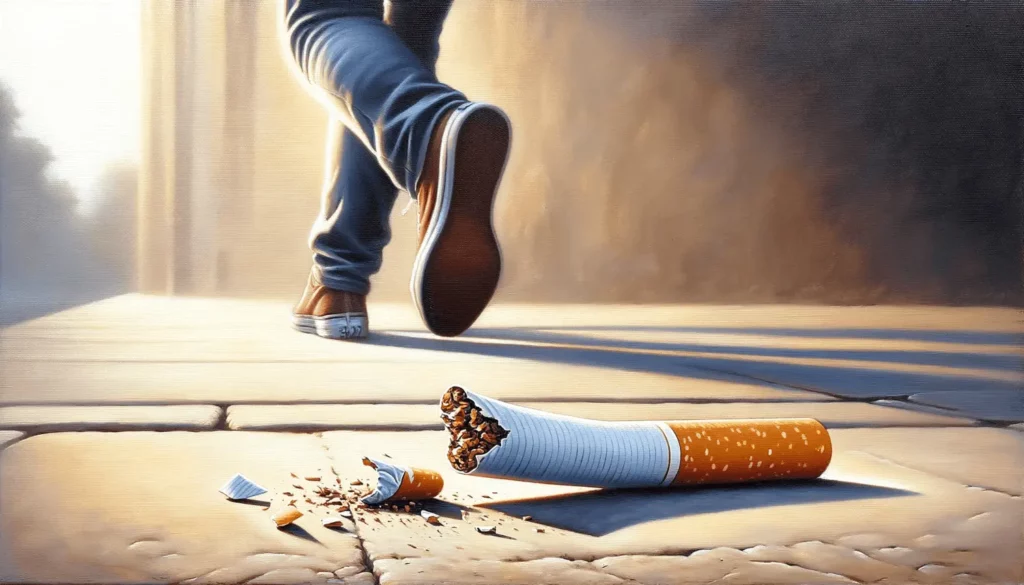 A person walking away from a broken cigarette on the sidewalk