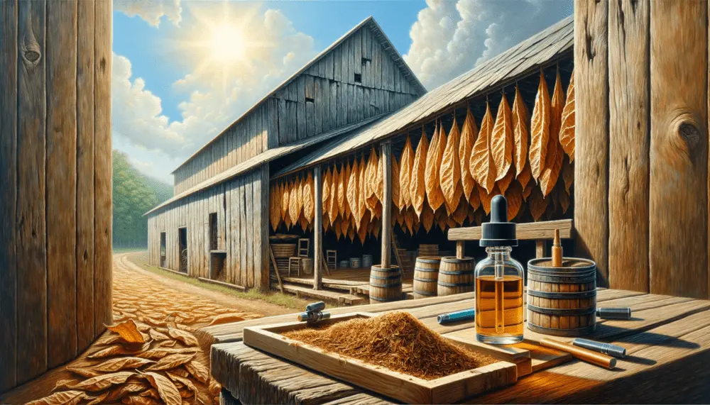 A rustic barn with tobacco leaves hanging and drying in the sun