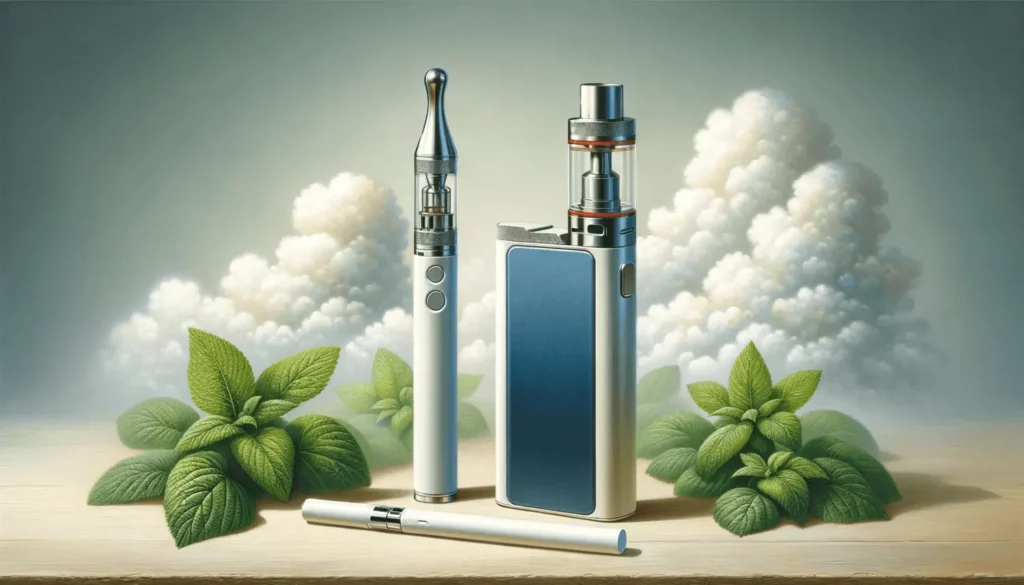 A sleek electronic cigarette and a heated tobacco device set against a backdrop of fresh, clean air