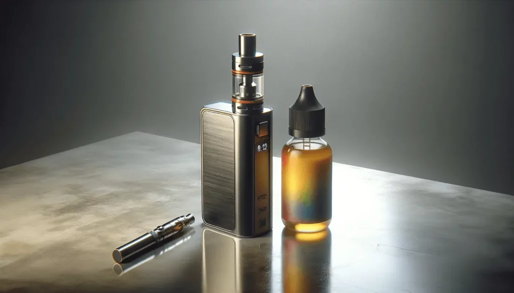 A sleek, modern vaping device next to a bottle of vape juice, displayed on a clean, modern surface