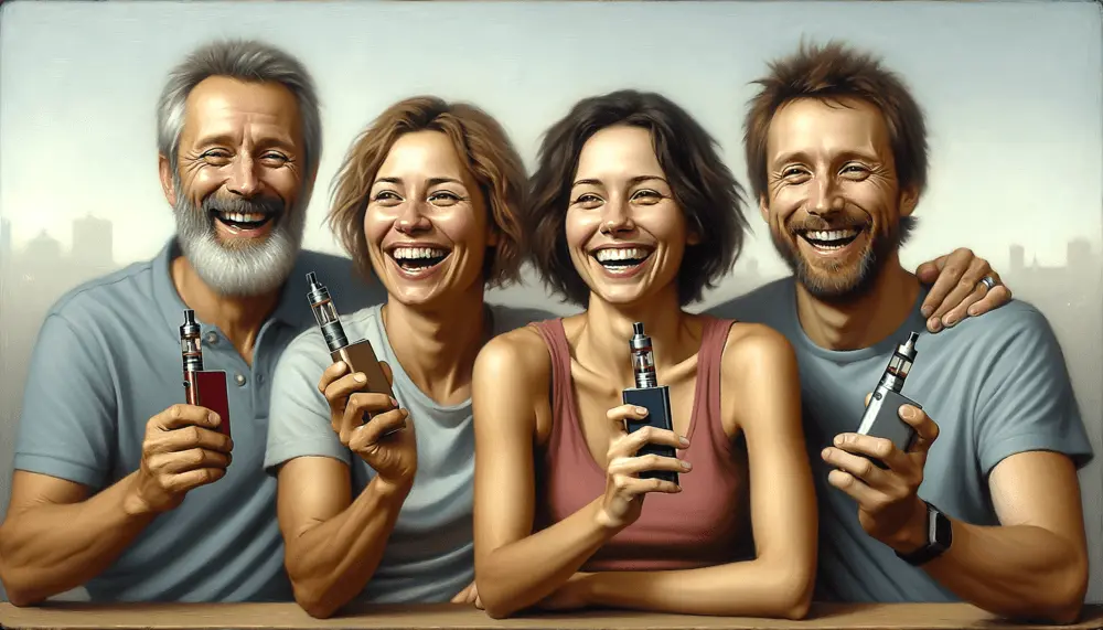 A small group people in their 40_s and 50_s each happily holding a vape device