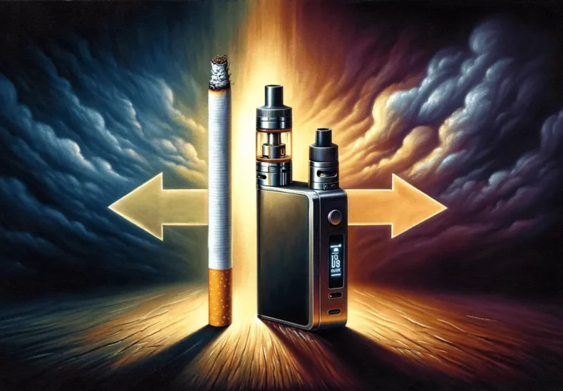 A traditional cigarette, a vape device and bottle of e-liquid side-by-side