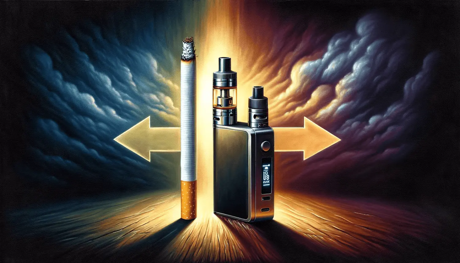A traditional cigarette, a vape device and bottle of e-liquid side-by-side