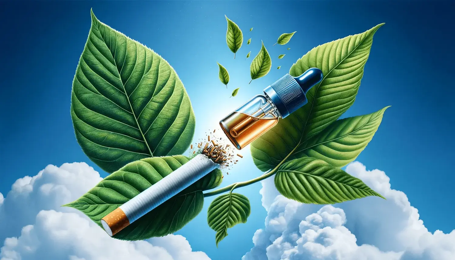 A traditional cigarette transforming into an e-liquid bottle