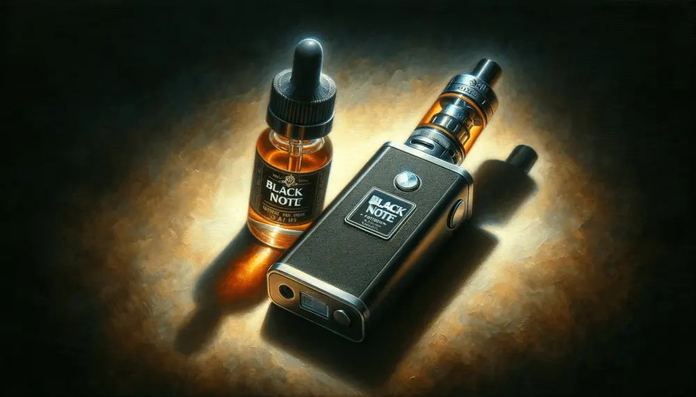 A vape device and a bottle of e-liquid labeled with the words 'Black Note'