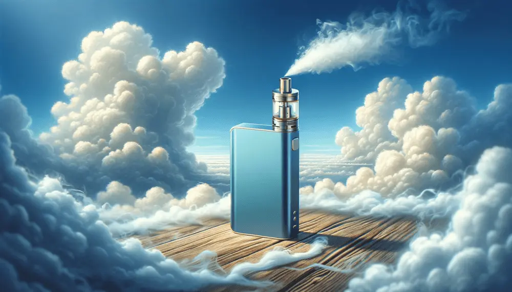 A vape device with a gentle puff of vapor rising, set against a backdrop of fresh air and blue sky