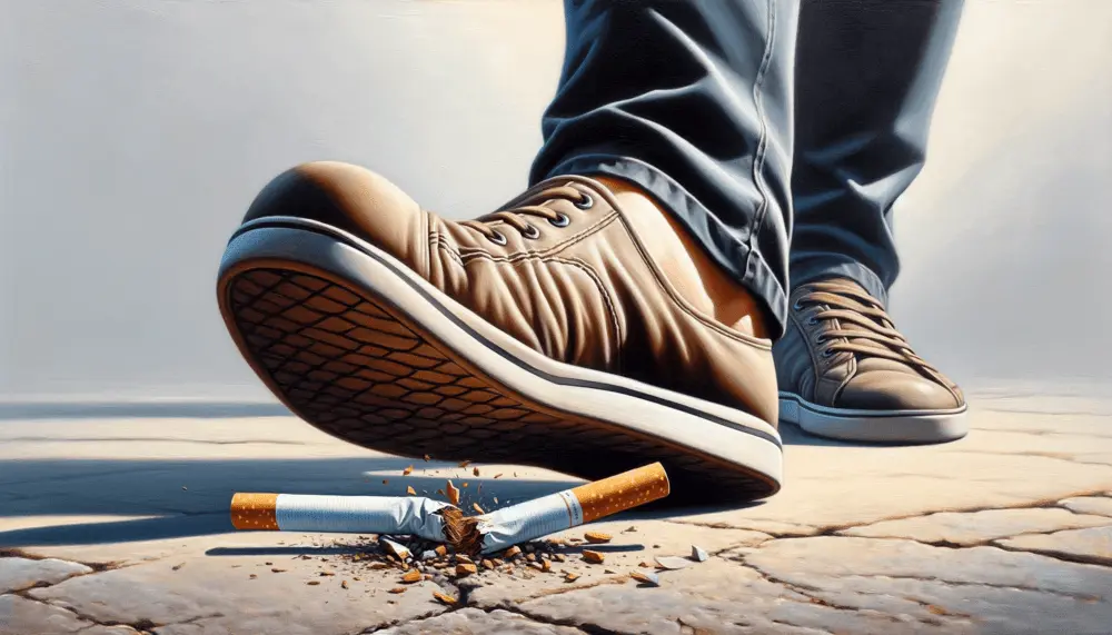 An adult stepping on a traditional cigarette