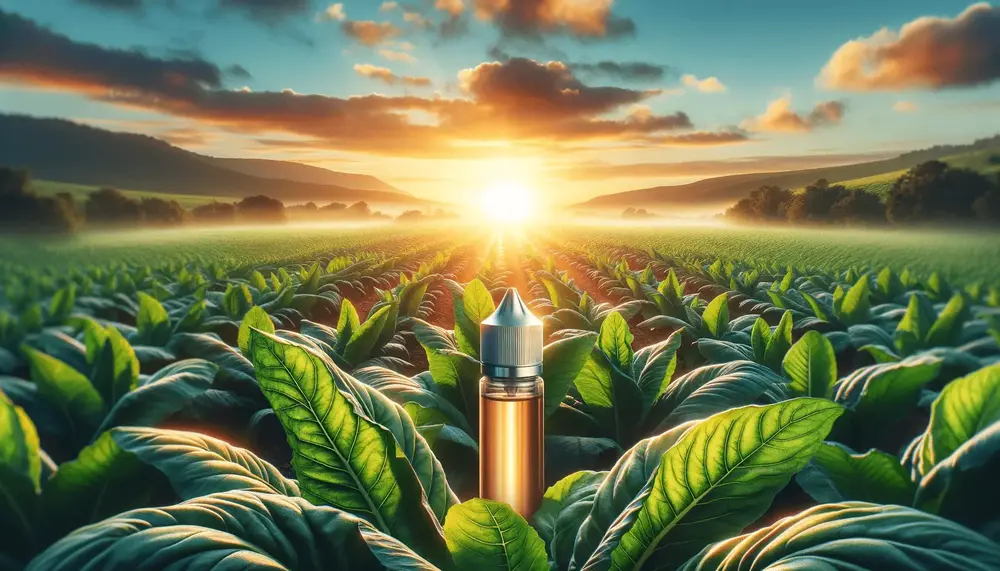 An e-liquid bottle surrounded by a sunrise over a field of tobacco plants