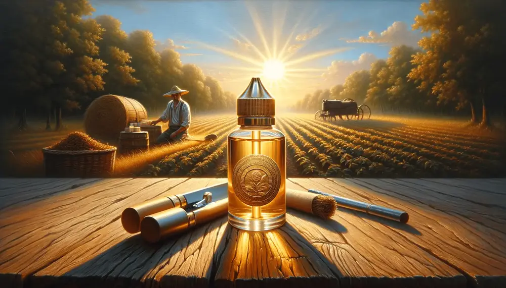 An e-liquid bottle with a golden badge, illuminated by sunlight, placed on a wooden table