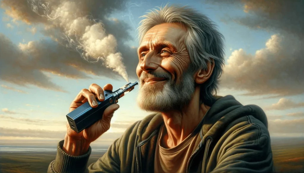 An elderly man using an e-cigarette, emitting vapor.