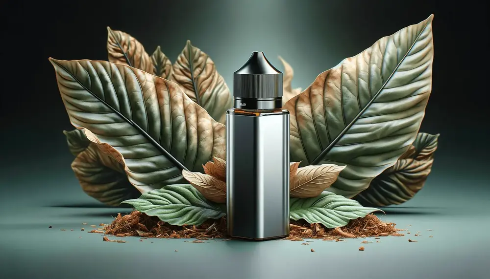 An image of a sleek, modern e-liquid bottle with tobacco leaves behind it