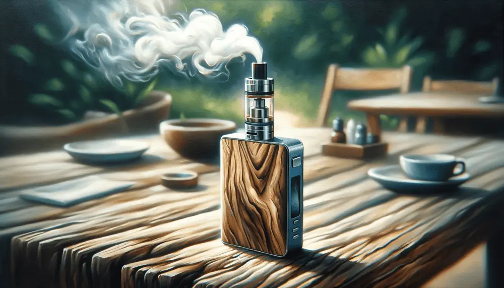 A vape device sitting on a wooden table outdoors with white smoke coming out of it