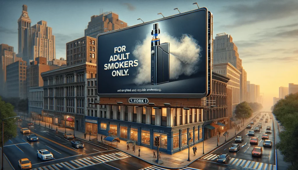 Large Billboard with the words "for adult smokers only" with an image of a vaping device with smoke behind it.