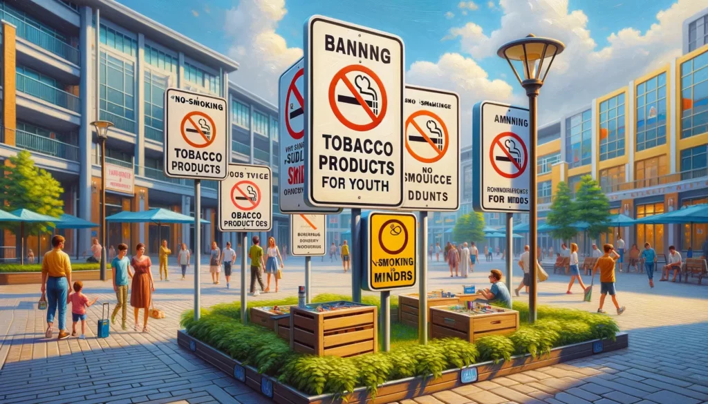 No smoking signs for youth in a city, promoting a smoke-free environment and ensuring public health and safety.