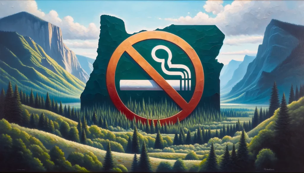 Shape of Oregon in middle of trees and mountains with a cigarette slashed representing flavored tobacco ban set to take effect.