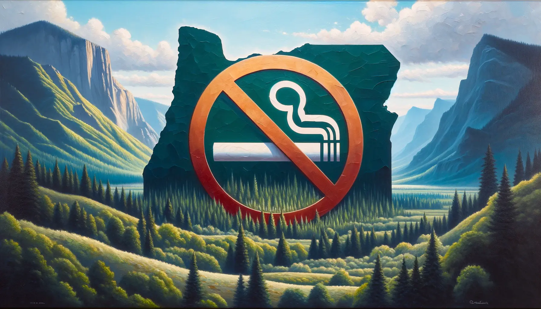 Shape of Oregon in middle of trees and mountains with a cigarette slashed representing flavored tobacco ban set to take effect.