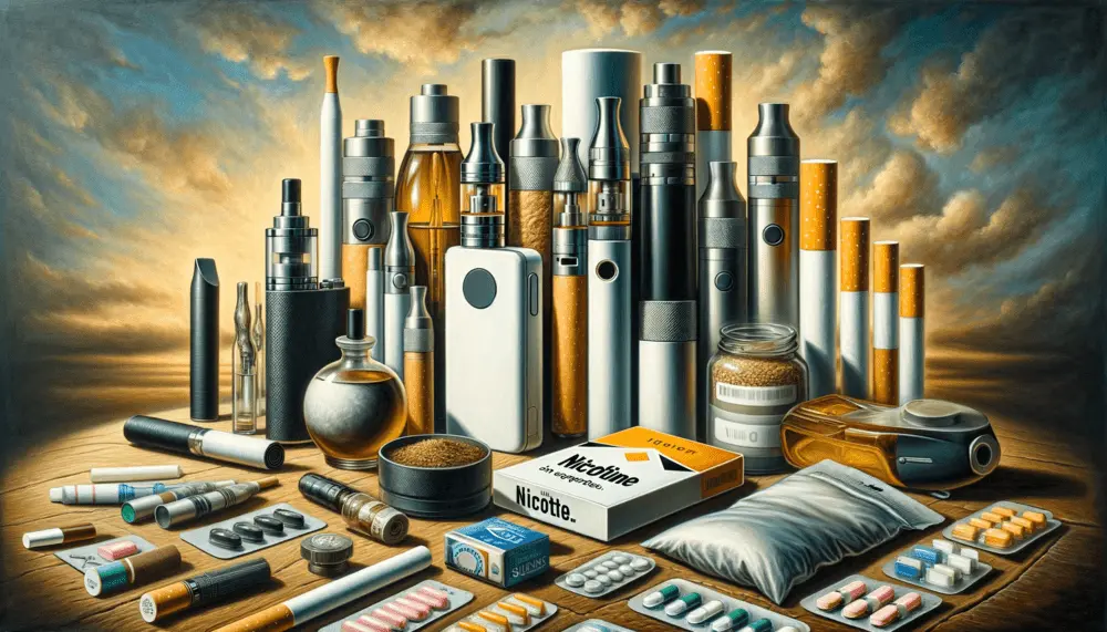 Various nicotine delivery systems set next to each other on a wooden table