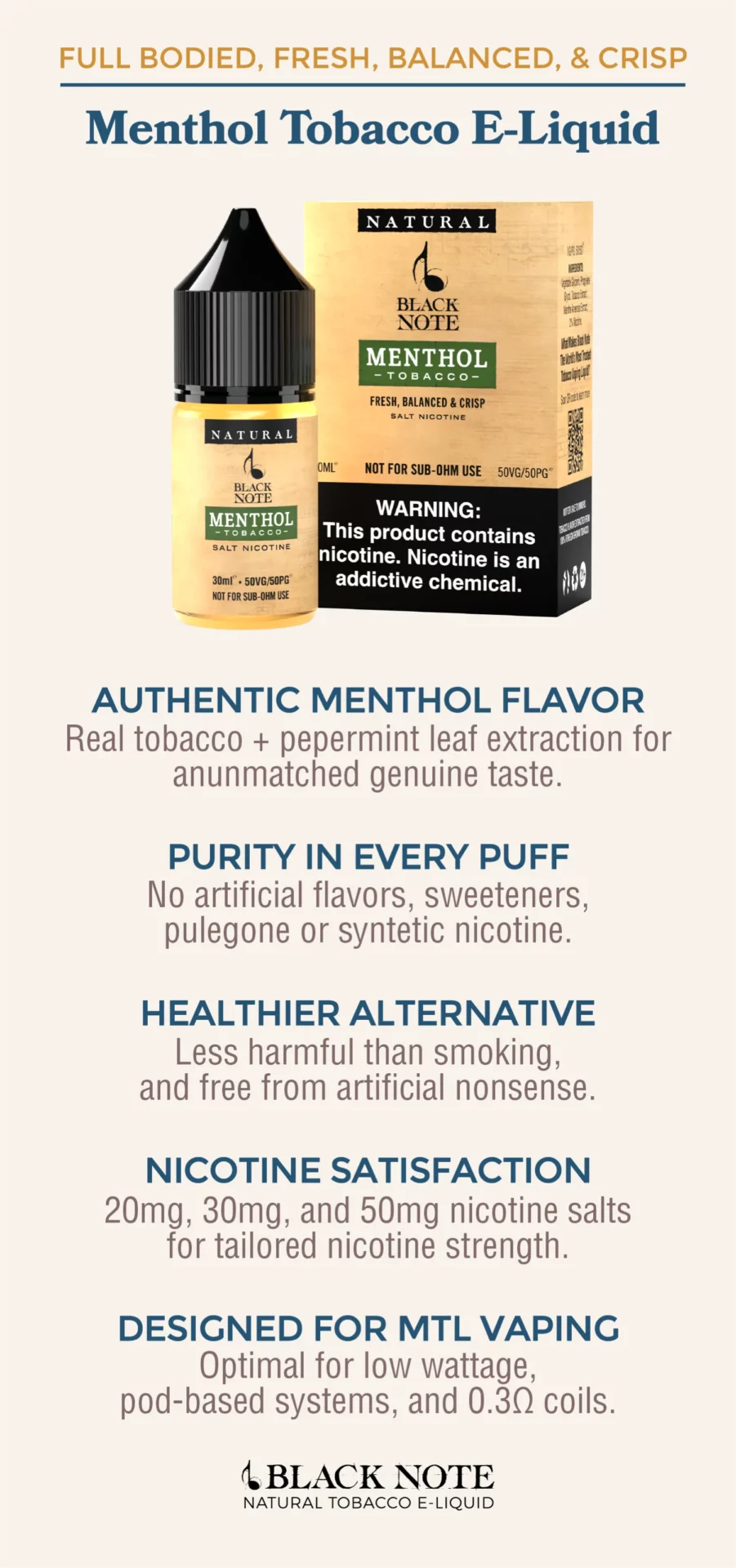 Infographic showing what makes Black Note Menthol Tobacco Eliquid Special (Mobile Friendly)