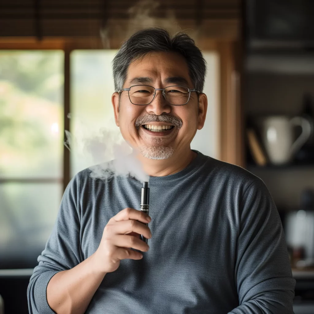 middle-aged asian man vaping