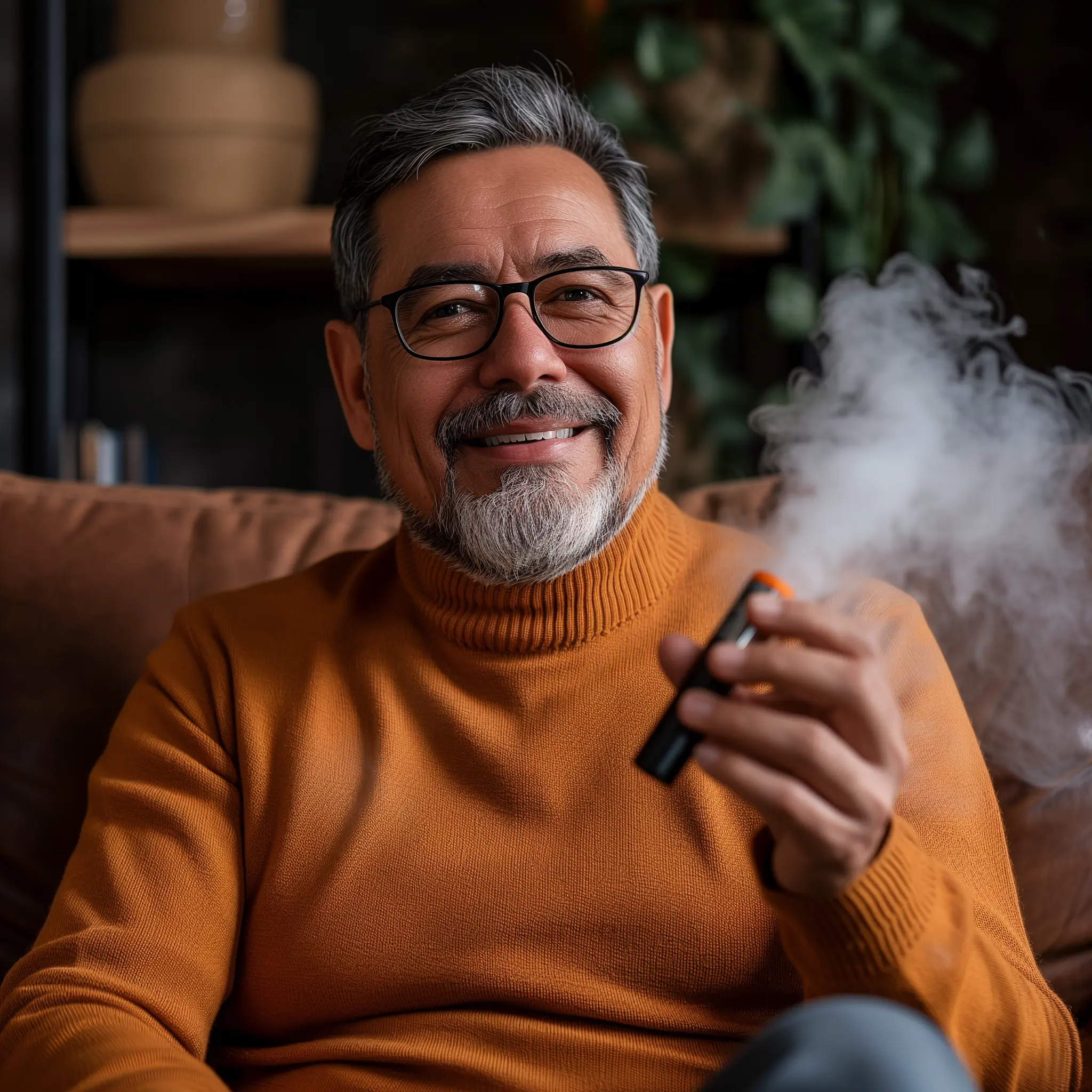 middle-aged latino man vaping on the coach