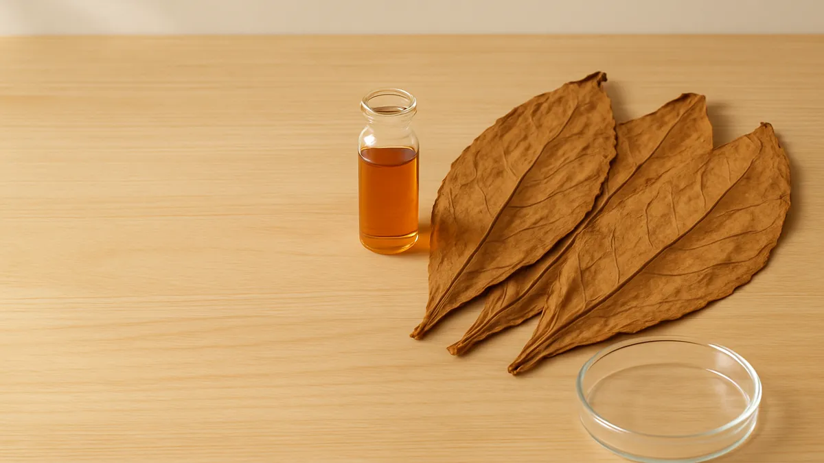 Cured tobacco leaves beside a clear glass vial of amber e-liquid on a bright wood surface