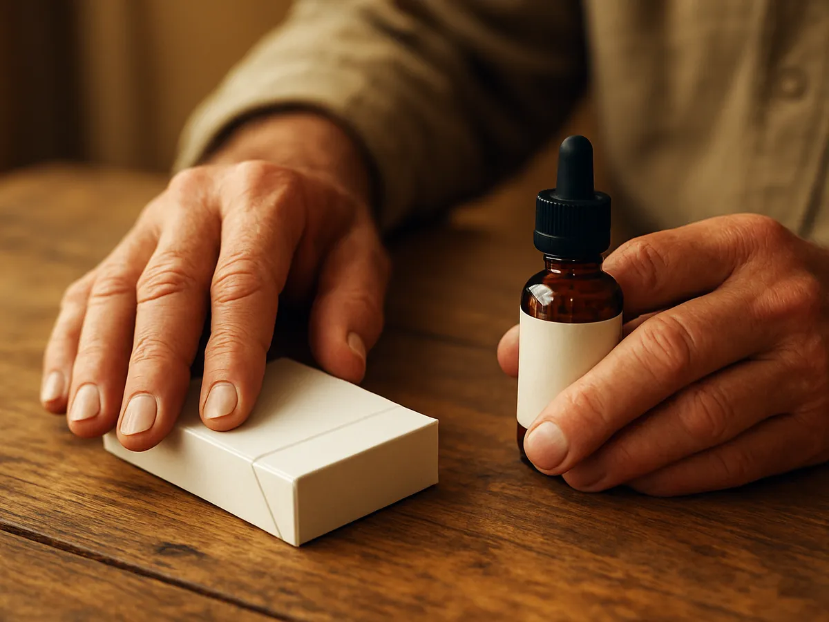 Hands holding a cigarette pack and a small amber e-liquid bottle