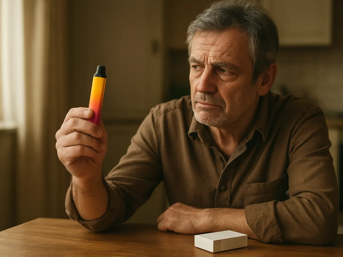 A man considering a brightly colored disposable vape at his kitchen table