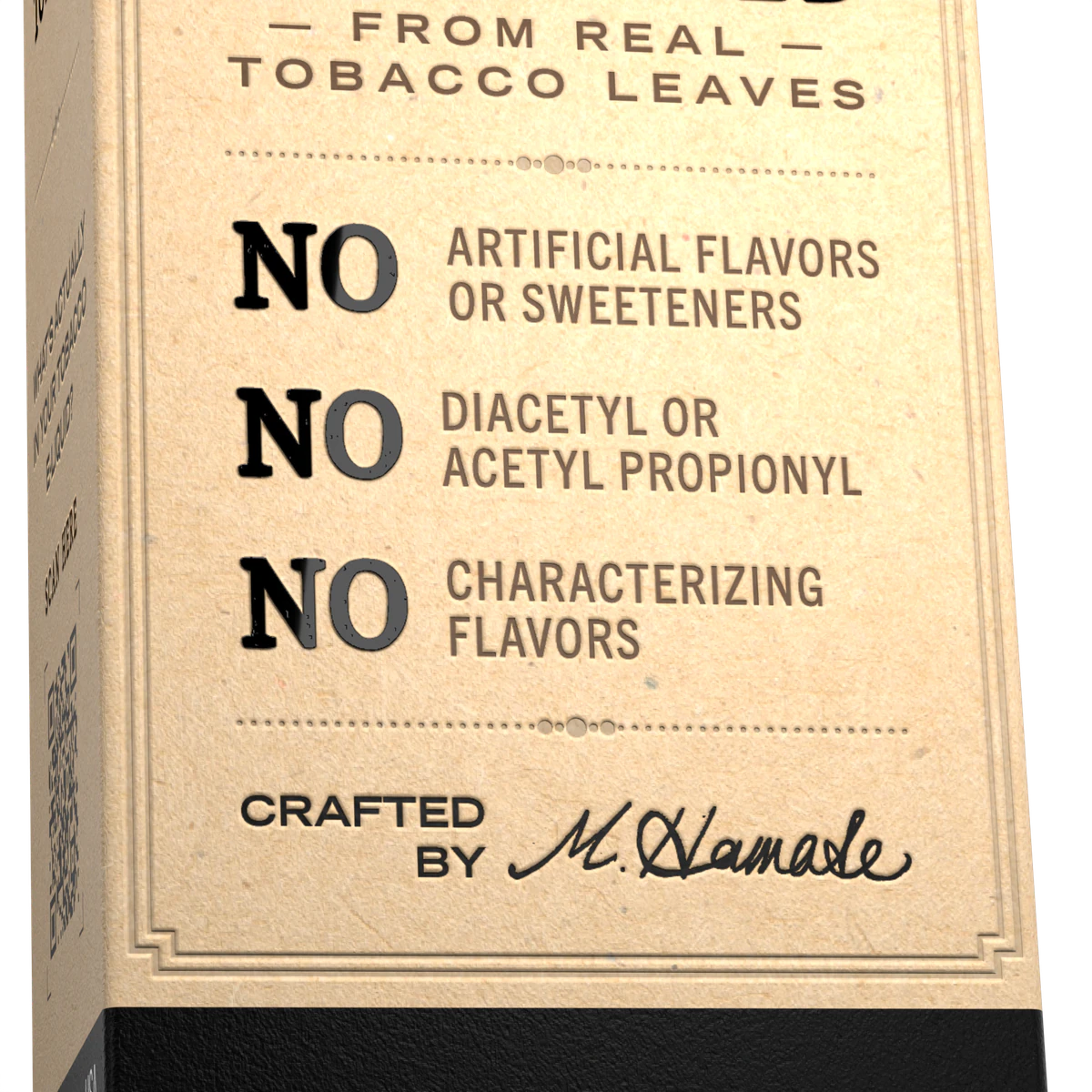 Black Note carton stating no artificial flavors or sweeteners, no diacetyl or acetyl propionyl, and no characterizing flavors
