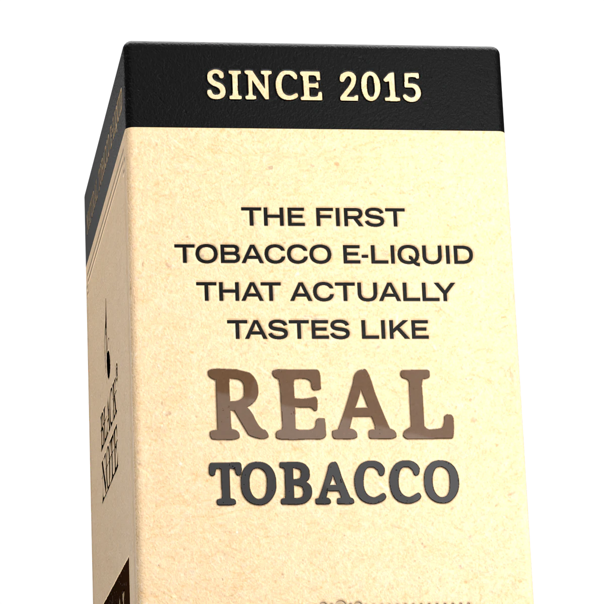 Black Note carton stating, Since 2015, the first tobacco e-liquid that actually tastes like real tobacco