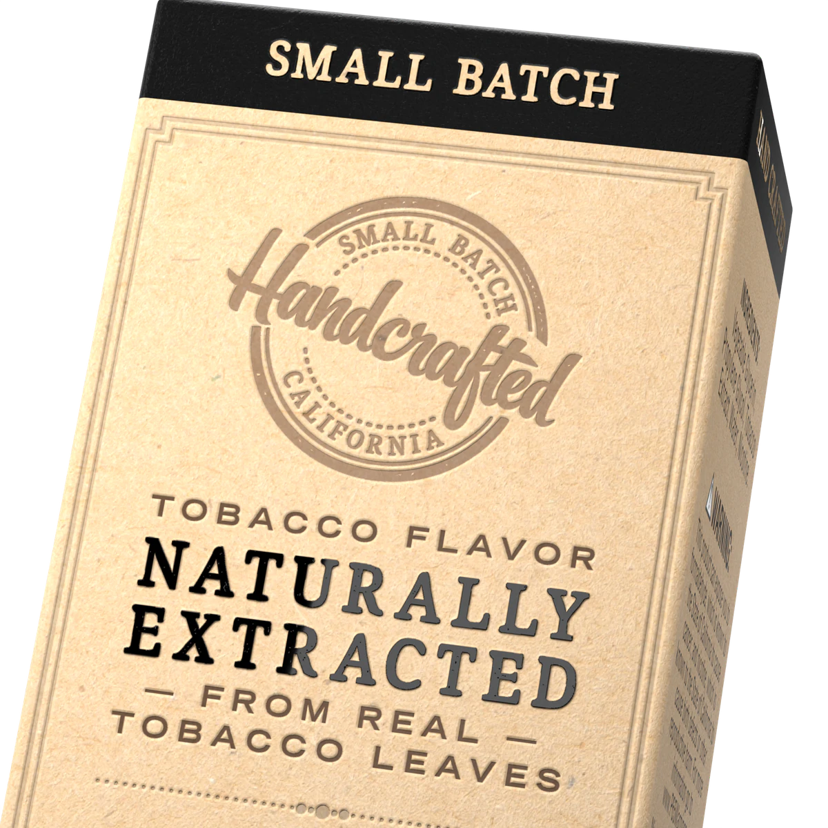Black Note carton highlighting small-batch handcrafted production and tobacco flavor naturally extracted from real tobacco leaves
