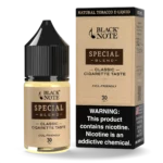 Black Note Special Blend 30 mL nicotine salt bottle and carton, front view