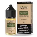 Black Note Special Blend Menthol 30 mL nicotine salt bottle and carton, front view