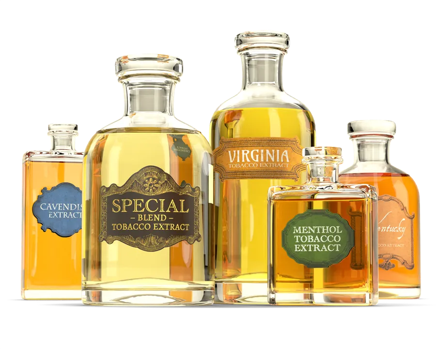 Black Note apothecary bottles labeled Cavendish, Special Blend, Virginia, Menthol, and Kentucky tobacco extracts