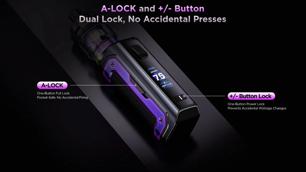Geekvape Aegis Mini 5 Kit controls showing A-Lock and plus-minus button lock