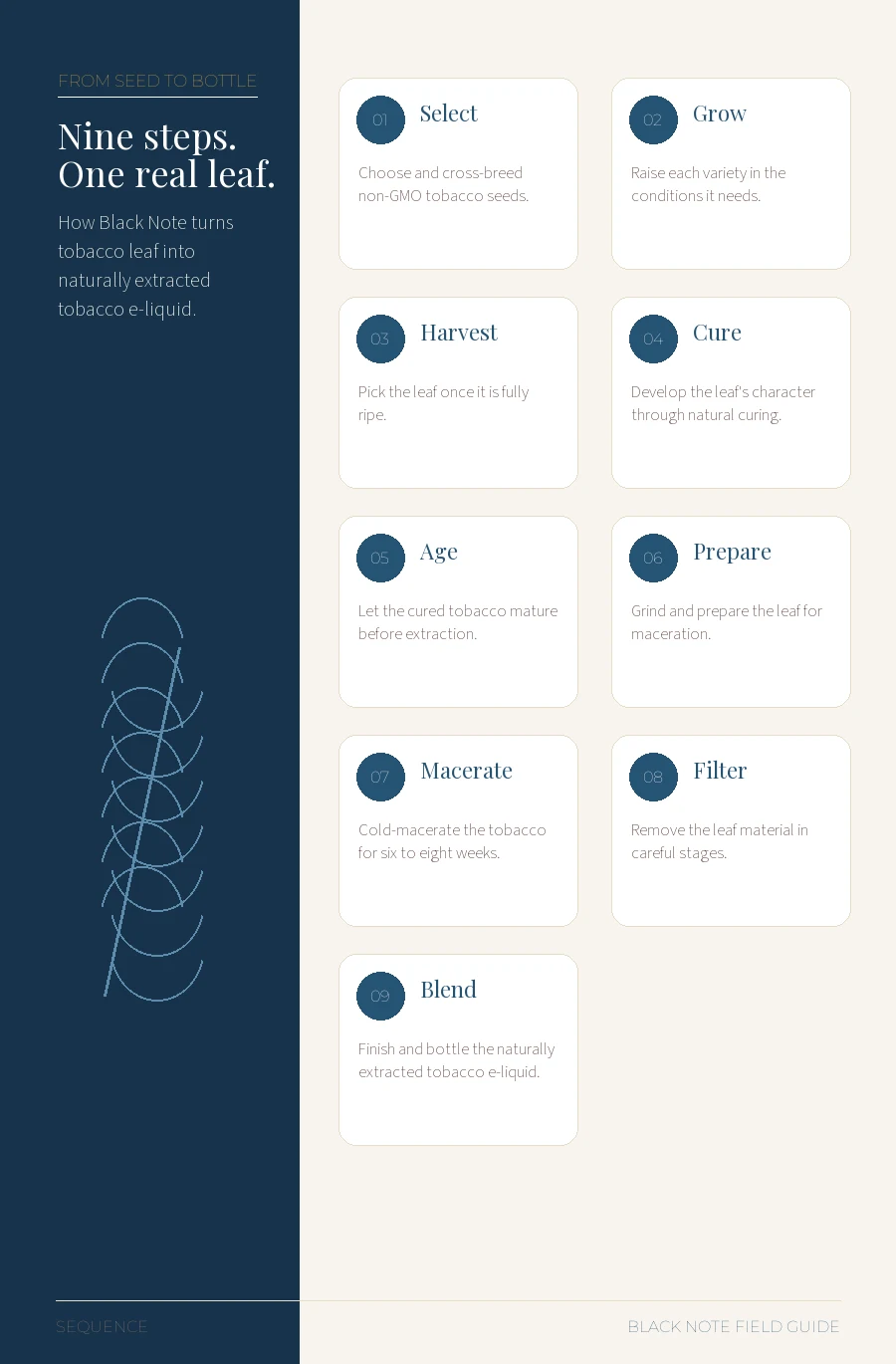 Nine-step sequence showing how tobacco leaf becomes naturally extracted tobacco e-liquid