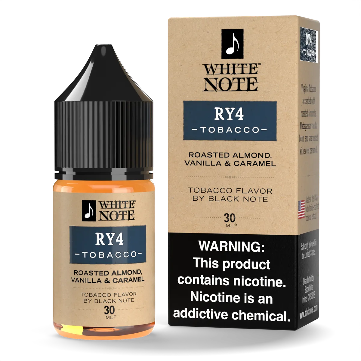 White Note RY4 Tobacco 30 mL nicotine salt bottle and carton, front view