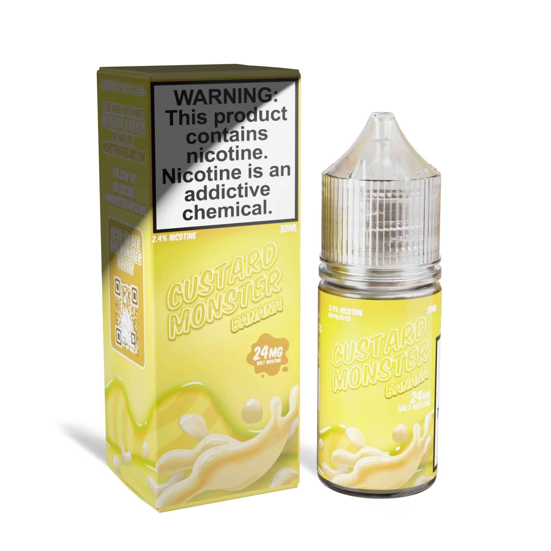 Custard Monster Banana 30ml salt nicotine vape juice bottle and box, 24mg